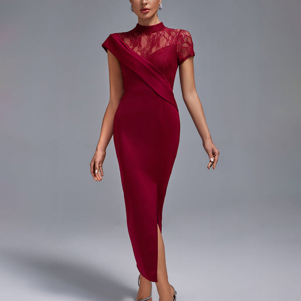 Wine Lace Split Long Dress - Opulent Empire