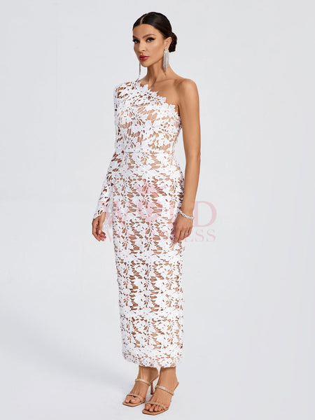 One Shoulder Lace Floral Long Dress