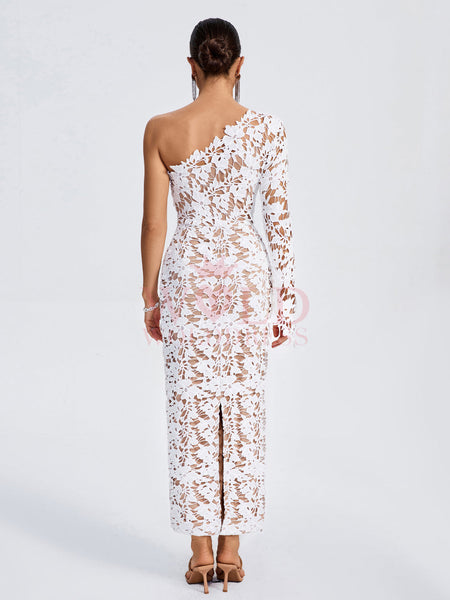 One Shoulder Lace Floral Long Dress