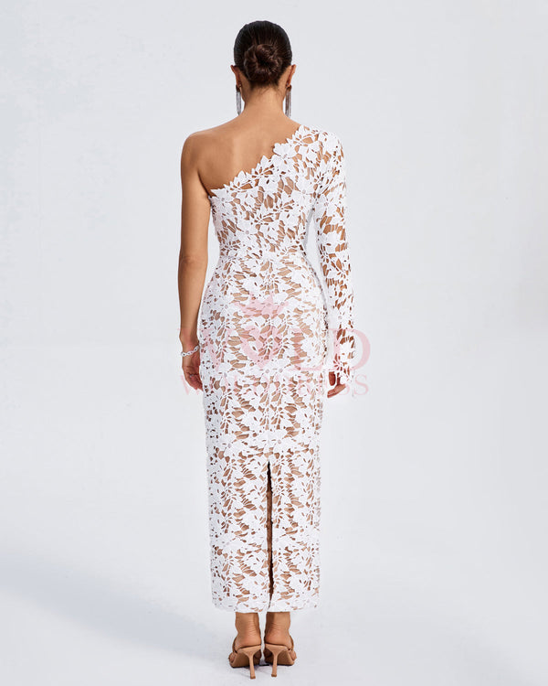 One Shoulder Lace Floral Long Dress
