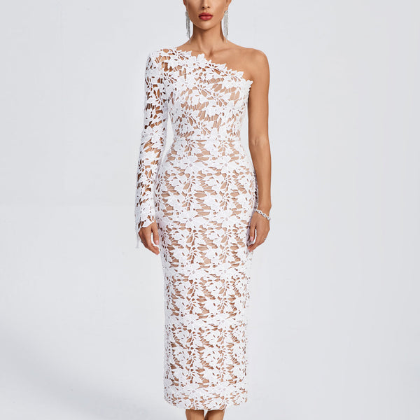 One Shoulder Lace Floral Long Dress
