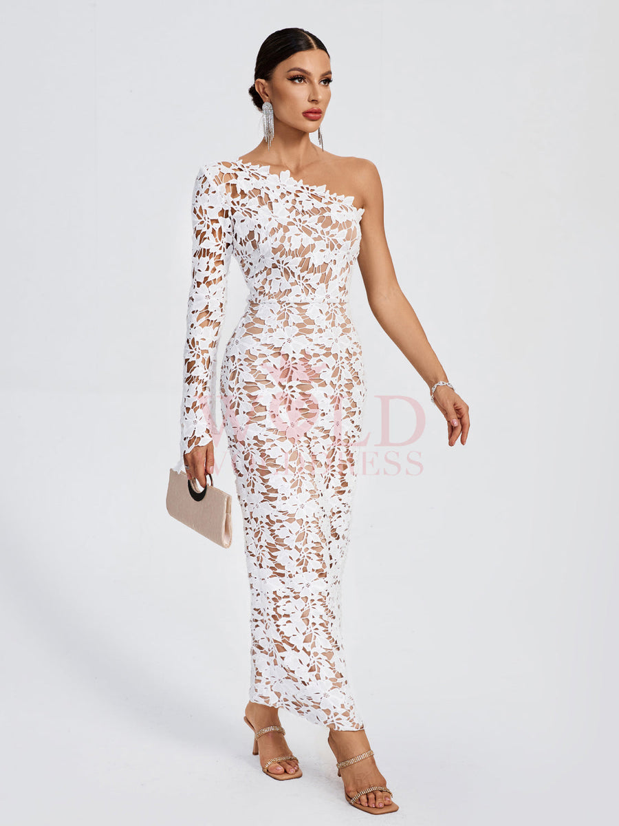 One Shoulder Lace Floral Long Dress