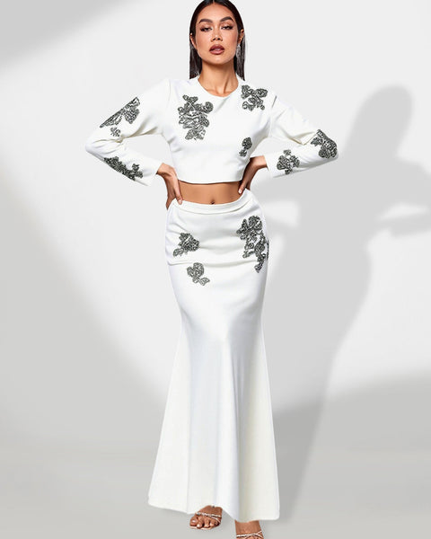 Elegant lace set with crystals, high waist, and mermaid skirt