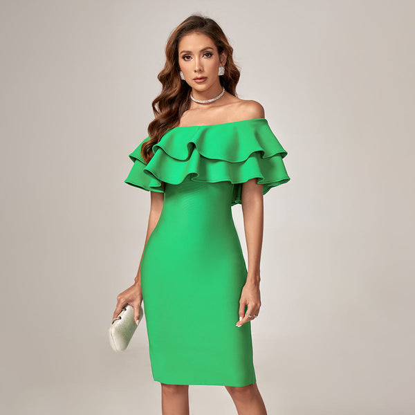 Off-Shoulder Layered Frill Bandage Dress - Opulent Empire