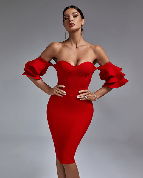 Elegant Waterfall Sleeves Off-Shoulder Bandage Dress - Opulent Empire