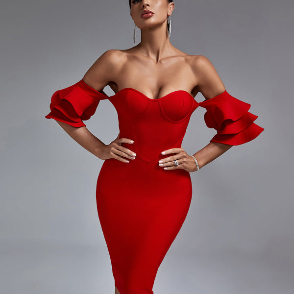 Elegant Waterfall Sleeves Off-Shoulder Bandage Dress - Opulent Empire