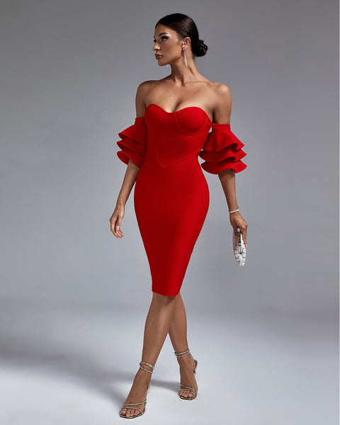 Elegant Waterfall Sleeves Off-Shoulder Bandage Dress - Opulent Empire