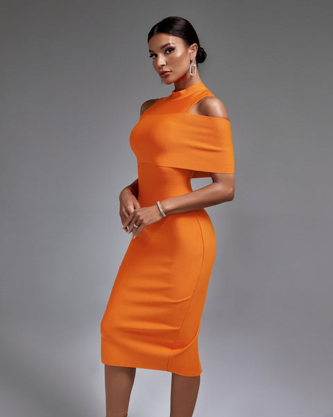 Chic Cold-Shoulder Mock Neck Bandage Dress for Effortless Elegance - Opulent Empire