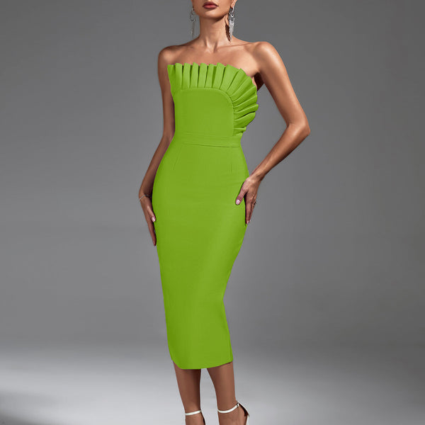Chic Strapless Pleated Midi Bandage Dress for Effortless Elegance - Opulent Empire
