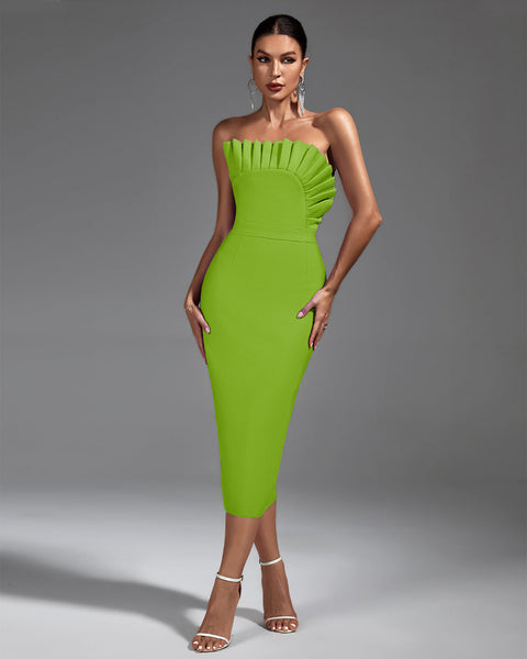 Chic Strapless Pleated Midi Bandage Dress for Effortless Elegance - Opulent Empire