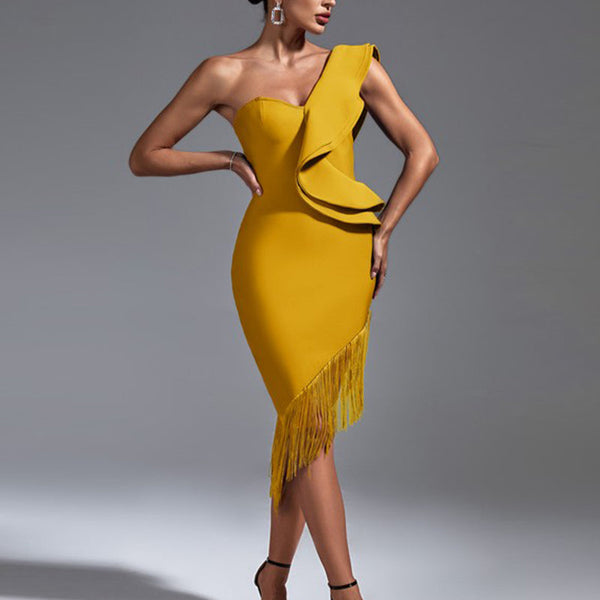One Shoulder Tassels Midi Bandage Dress - Opulent Empire