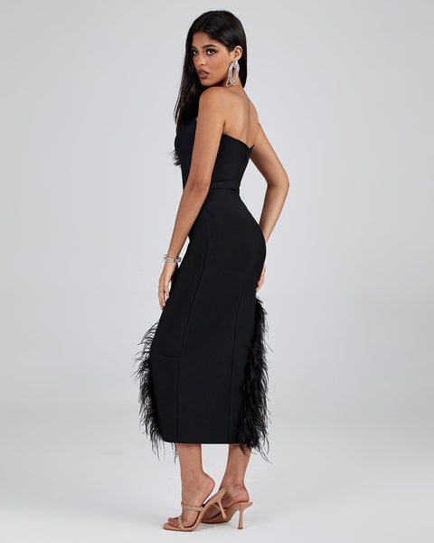 Strapless Feather Trim Midi Bandage Dress - Opulent Empire
