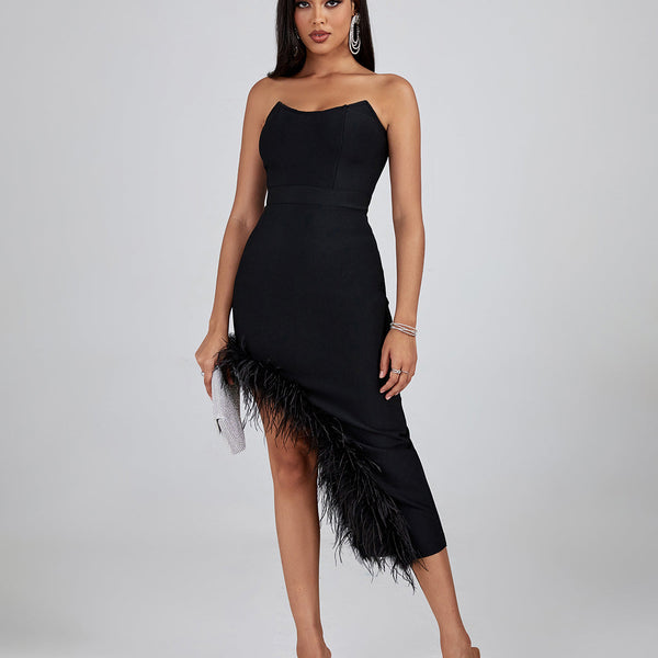 Strapless Feather Trim Midi Bandage Dress - Opulent Empire