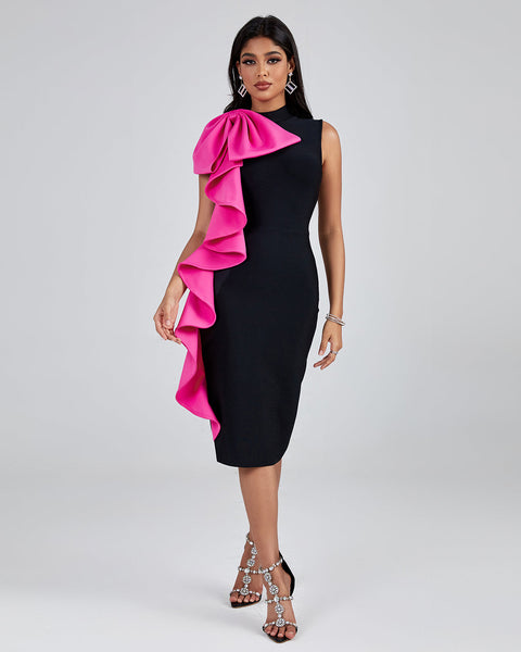 Bowknot Ruffle Midi Bandage Dress - Opulent Empire