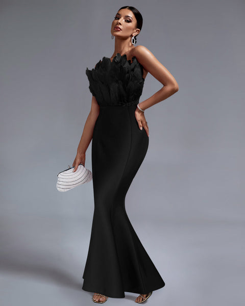 Elegant Strapless Feather-Embellished Maxi Bandage Dress - Opulent Empire