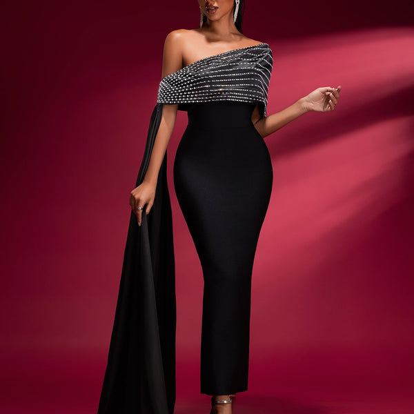 Slanted Shoulder Chain Bandage Dress - Opulent Empire