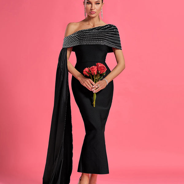 Slanted Shoulder Rhinestone Bandage Dress - Opulent Empire