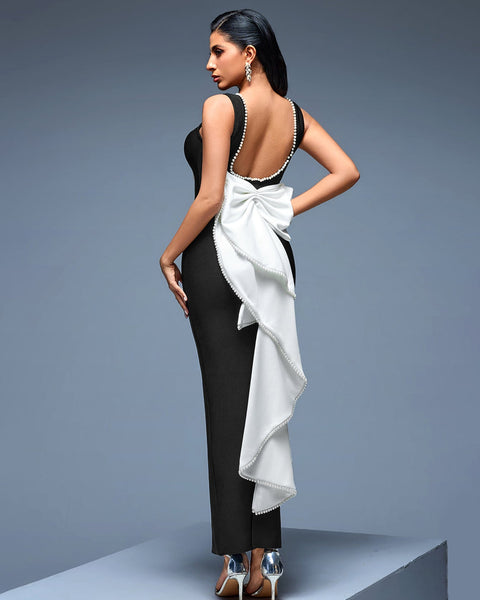 Elegant Maxi Dress with White Ribbon Bow and Tulle Bandeau