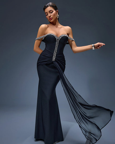 Asymmetric Tulle Maxi Dress with Off-Shoulder and Rhinestone Embellishments