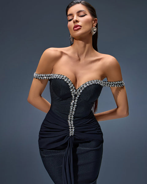 Asymmetric Tulle Maxi Dress with Off-Shoulder and Rhinestone Embellishments