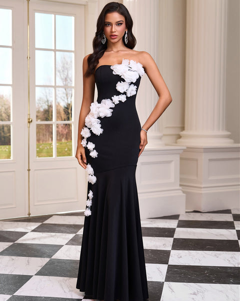 Long strapless dress with 3D flowers and a mermaid hemline
