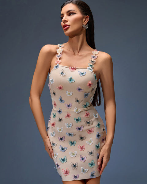 Dress with colorful butterfly embroidery and stretch bandage design