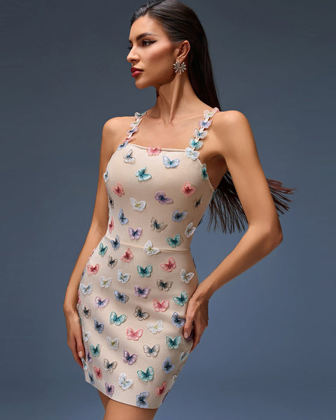 Dress with colorful butterfly embroidery and stretch bandage design