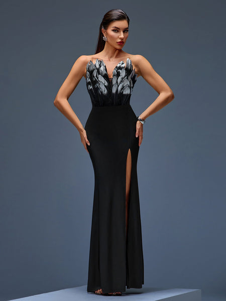 Elegant Strapless Feather Maxi Dress with High Slit for a Dazzling Look