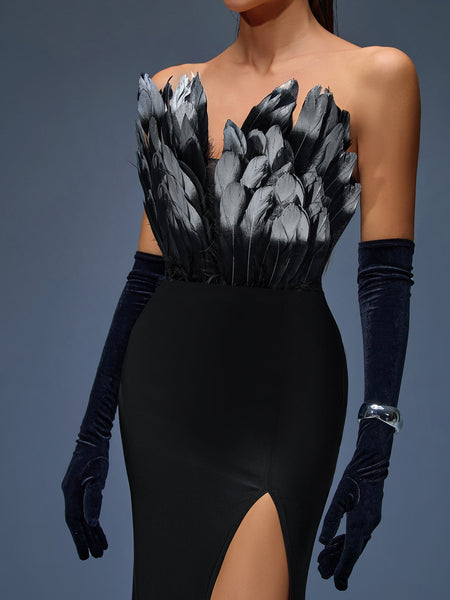 Elegant Strapless Feather Maxi Dress with High Slit for a Dazzling Look