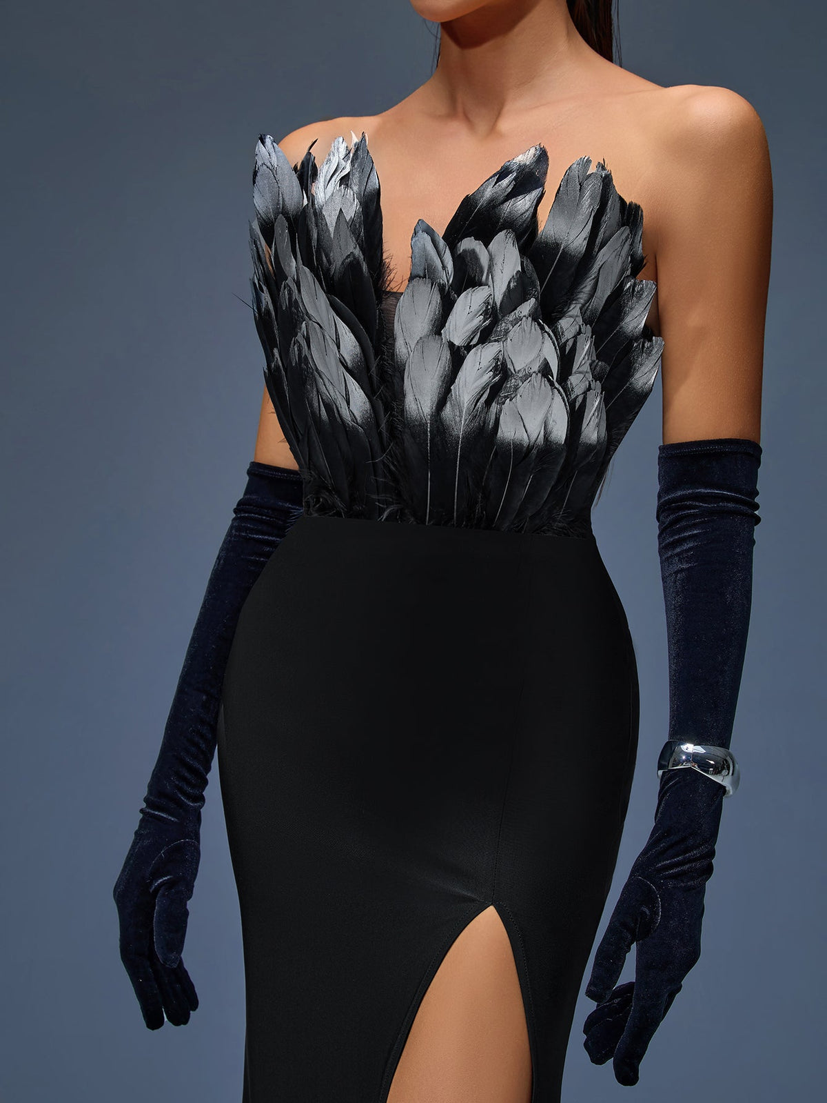 Elegant Strapless Feather Maxi Dress with High Slit for a Dazzling Look
