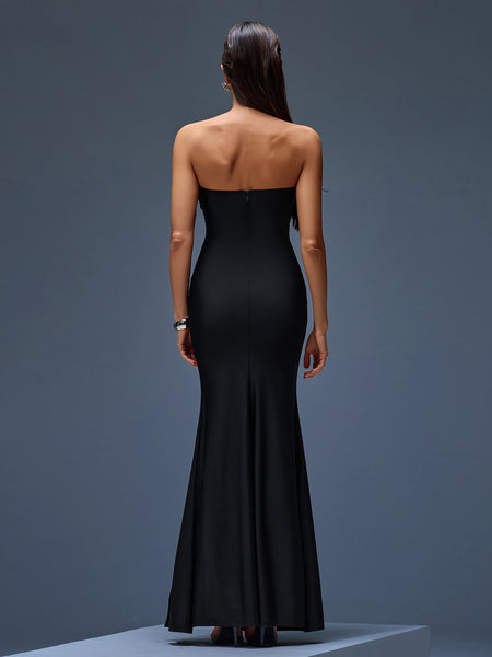 Elegant Strapless Feather Maxi Dress with High Slit for a Dazzling Look