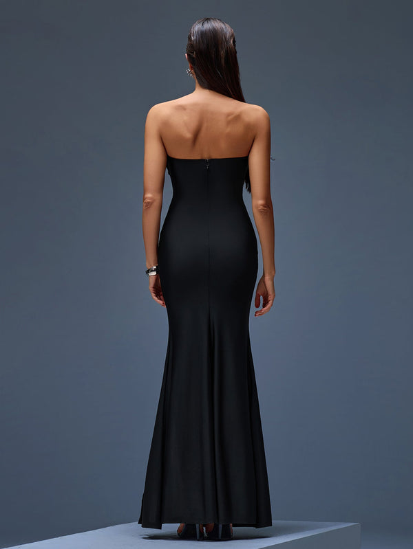 Elegant Strapless Feather Maxi Dress with High Slit for a Dazzling Look