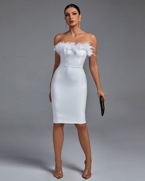 Elegant Strapless Midi Bandage Dress with Feather Accents - Opulent Empire