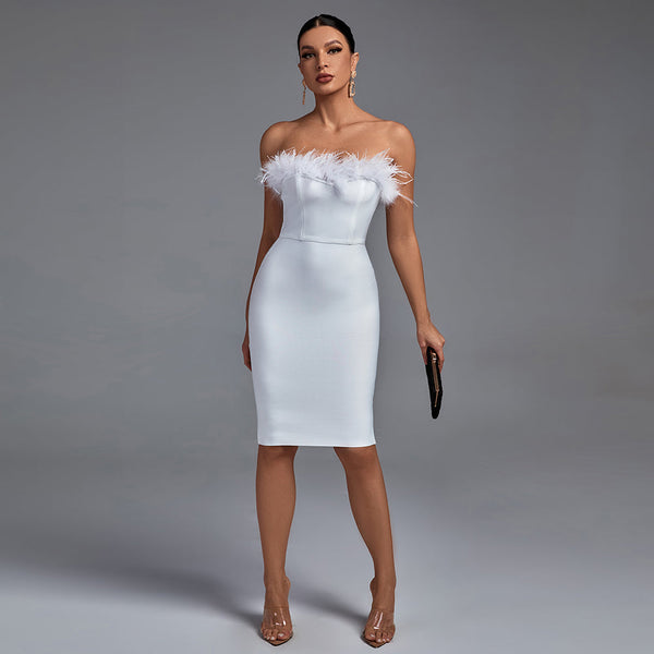 Elegant Strapless Midi Bandage Dress with Feather Accents - Opulent Empire