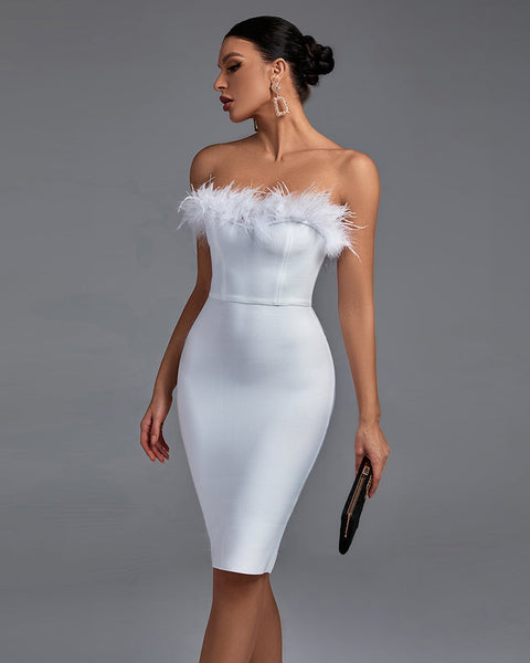 Elegant Strapless Midi Bandage Dress with Feather Accents - Opulent Empire