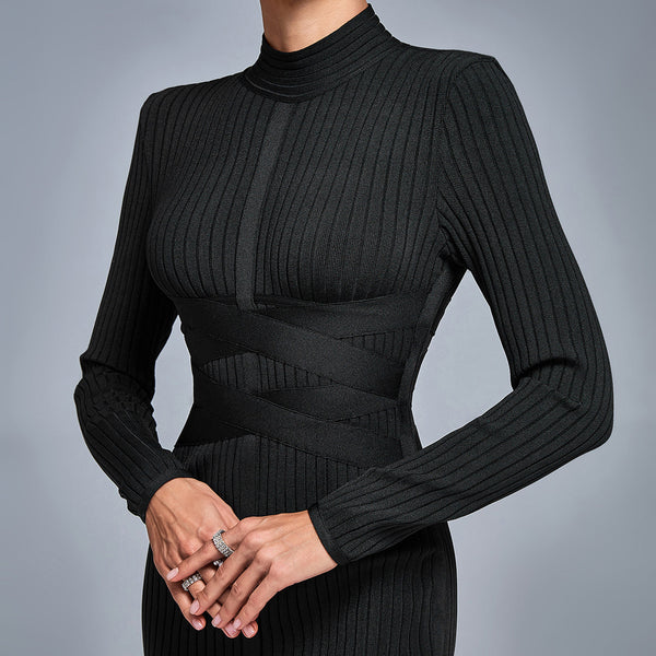 Classic Cross Ribbed Bandage Midi Dress - Opulent Empire