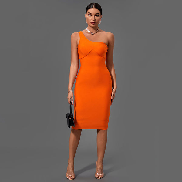 One Shoulder Sleeveless Asymmetrical Midi Bandage Dress - Opulent Empire