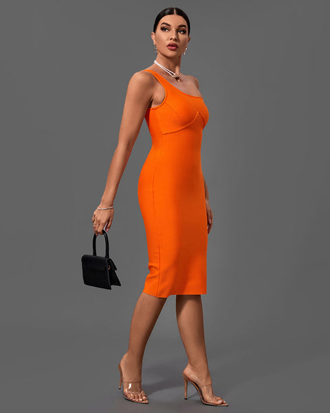 One Shoulder Sleeveless Asymmetrical Midi Bandage Dress - Opulent Empire