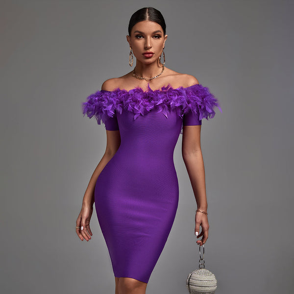 Chic Off-Shoulder Feather Midi Dress - Opulent Empire