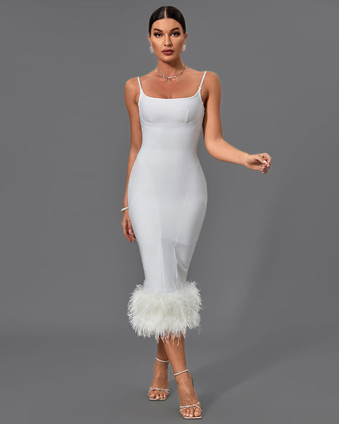 Chic Strappy Feather-Accented Midi Bandage Dress - Opulent Empire