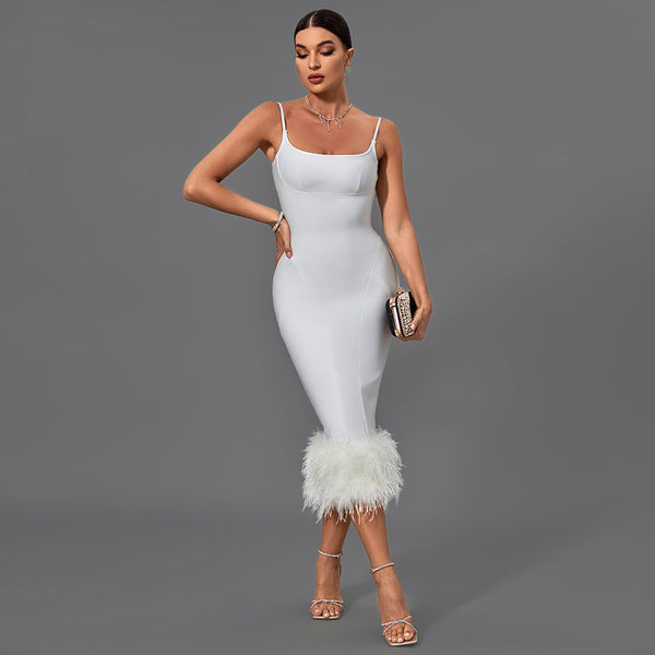 Chic Strappy Feather-Accented Midi Bandage Dress - Opulent Empire