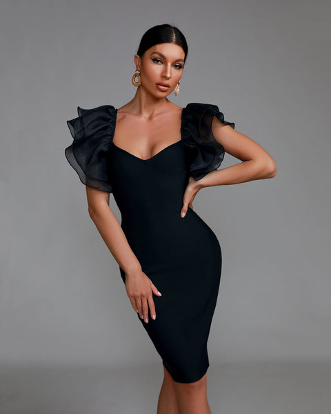 Chic Puff Sleeve Tulle Bandage Midi Dress - Opulent Empire