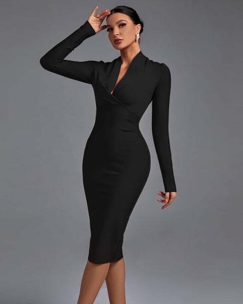 Chic V-Neck Long Sleeve Bodycon Dress - Opulent Empire