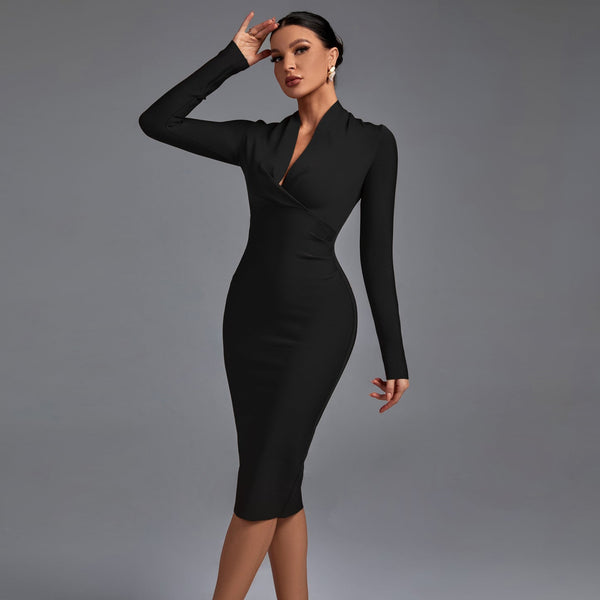 Chic V-Neck Long Sleeve Bodycon Dress - Opulent Empire