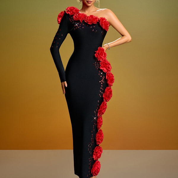 One Shoulder 3D Flowers Crystal Bandage Dress