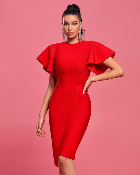Round Neck Ruffles Sleeve Midi Bandage Dress - Opulent Empire