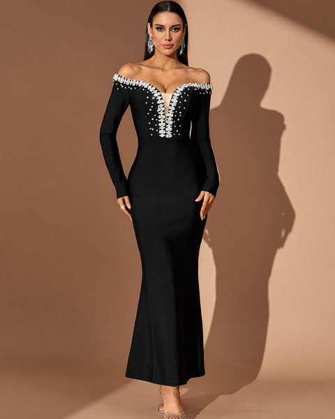 Off Shoulder Crystal Bandage Maxi Dress