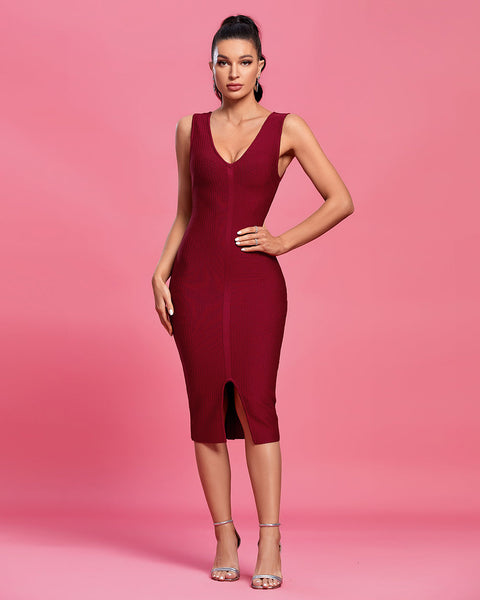 V Neck Sleeveless Slit Midi Bandage Dress - Opulent Empire