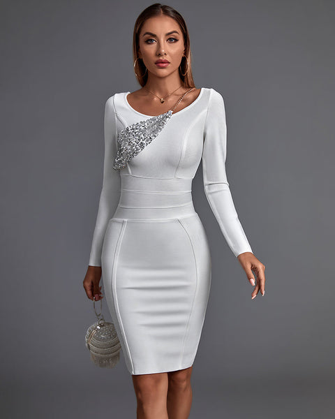 Long Sleeve Sequined Midi Bandage Dress - Opulent Empire