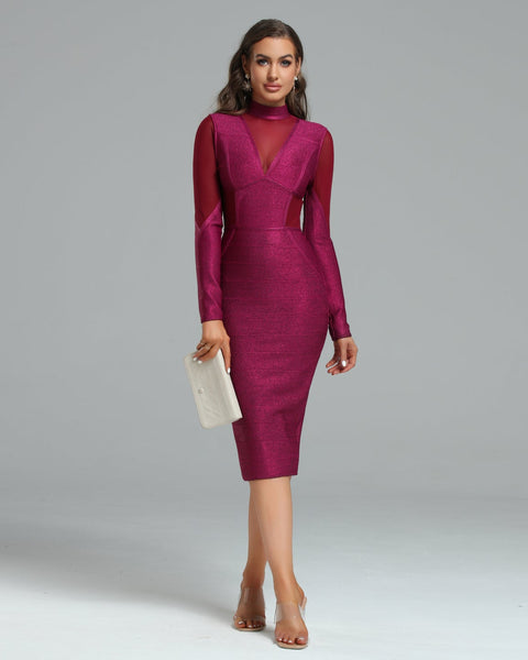 High-Neck Gold Dust Mesh Bandage Dress - Opulent Empire